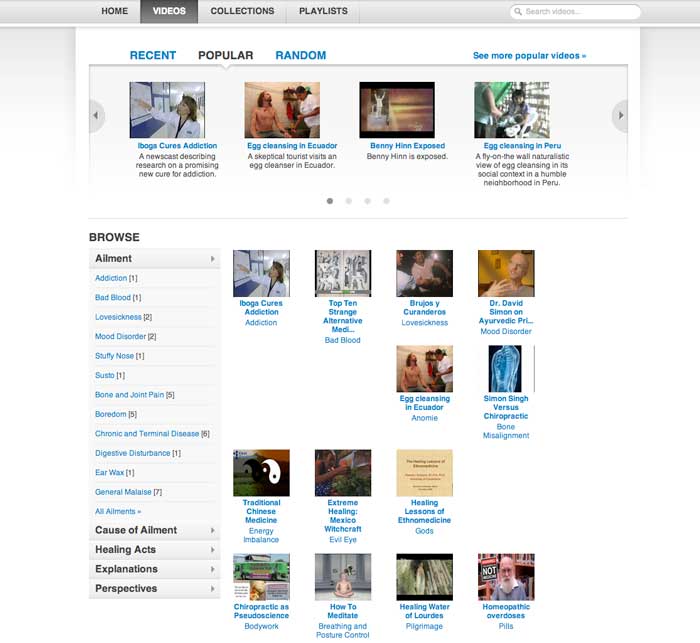 Image of the Videos page of Javier Ruedas' digital video collection. Presents screenshots and hyperlinked titles of videos. Some videos across the top have brief descriptions.